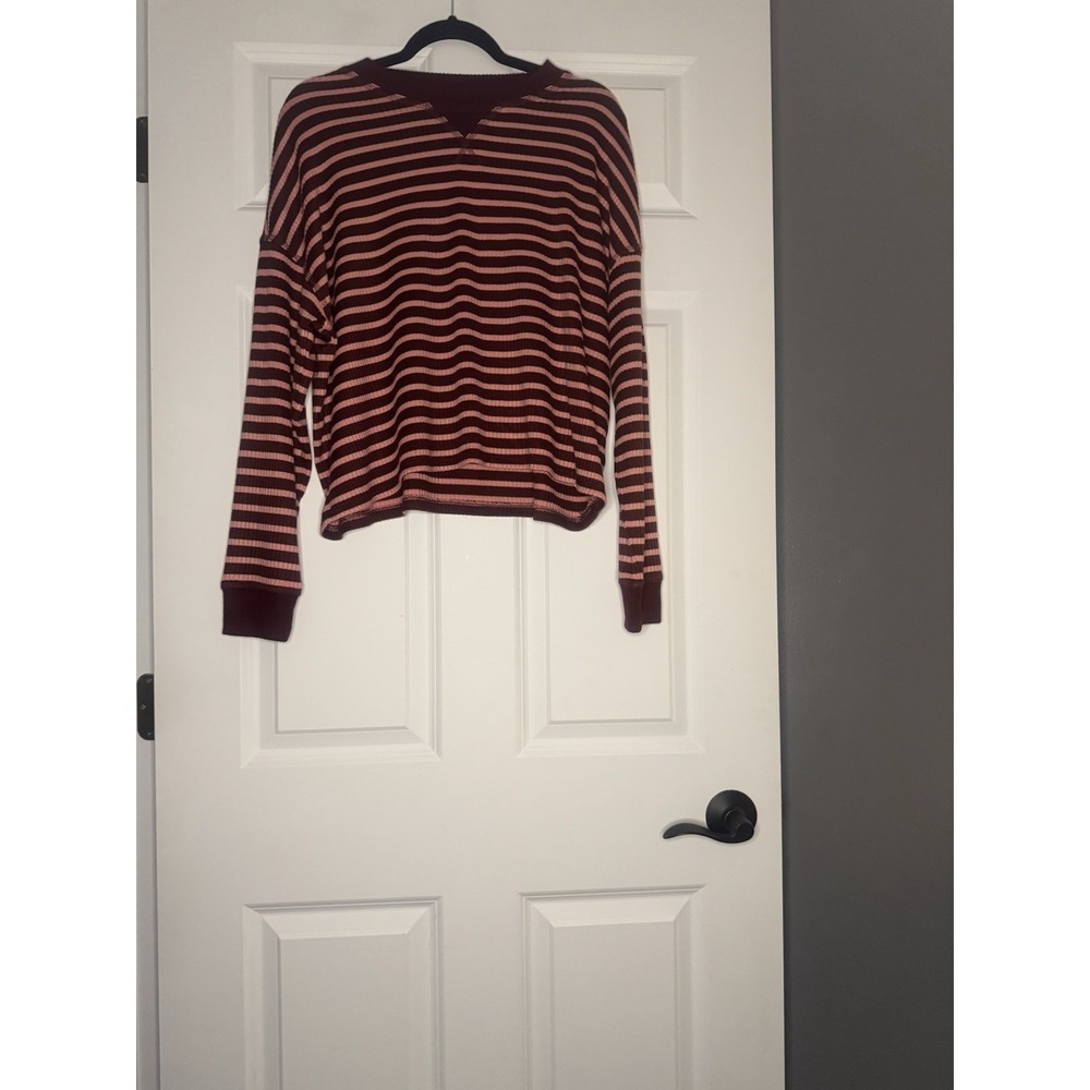 American Eagle Soft Crew Long Sleeve Maroon Pink Stripe Large